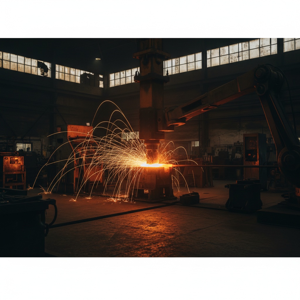 A glowing orange steel billet worked in a dark workshop, sparks scattering