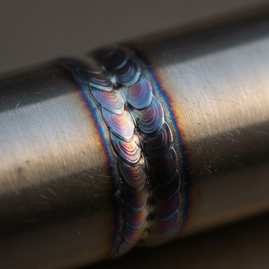 Macro of a finished TIG weld bead on stainless steel with rainbow heat colouring