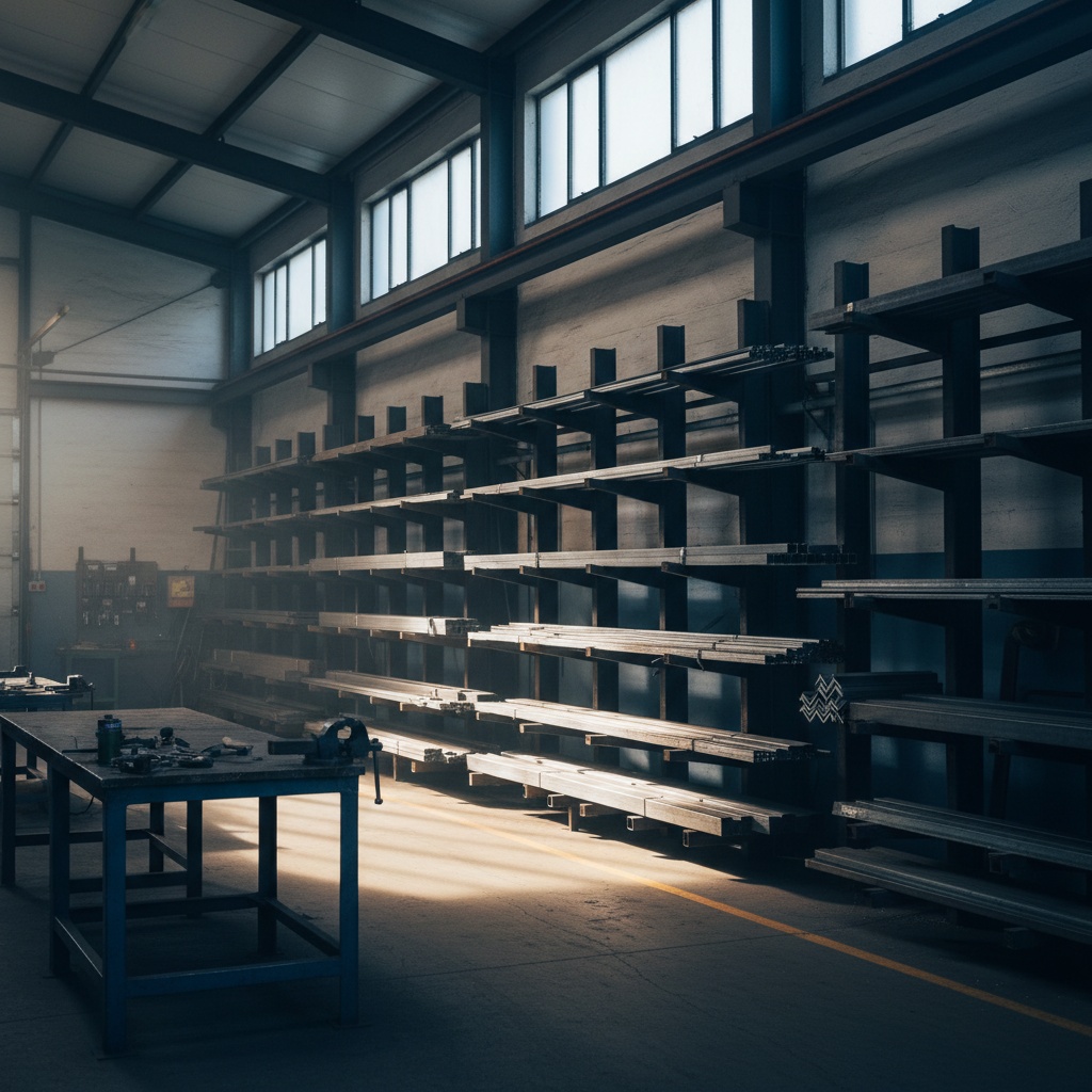 Racks of raw steel stock sorted by size in a workshop under cool daylight