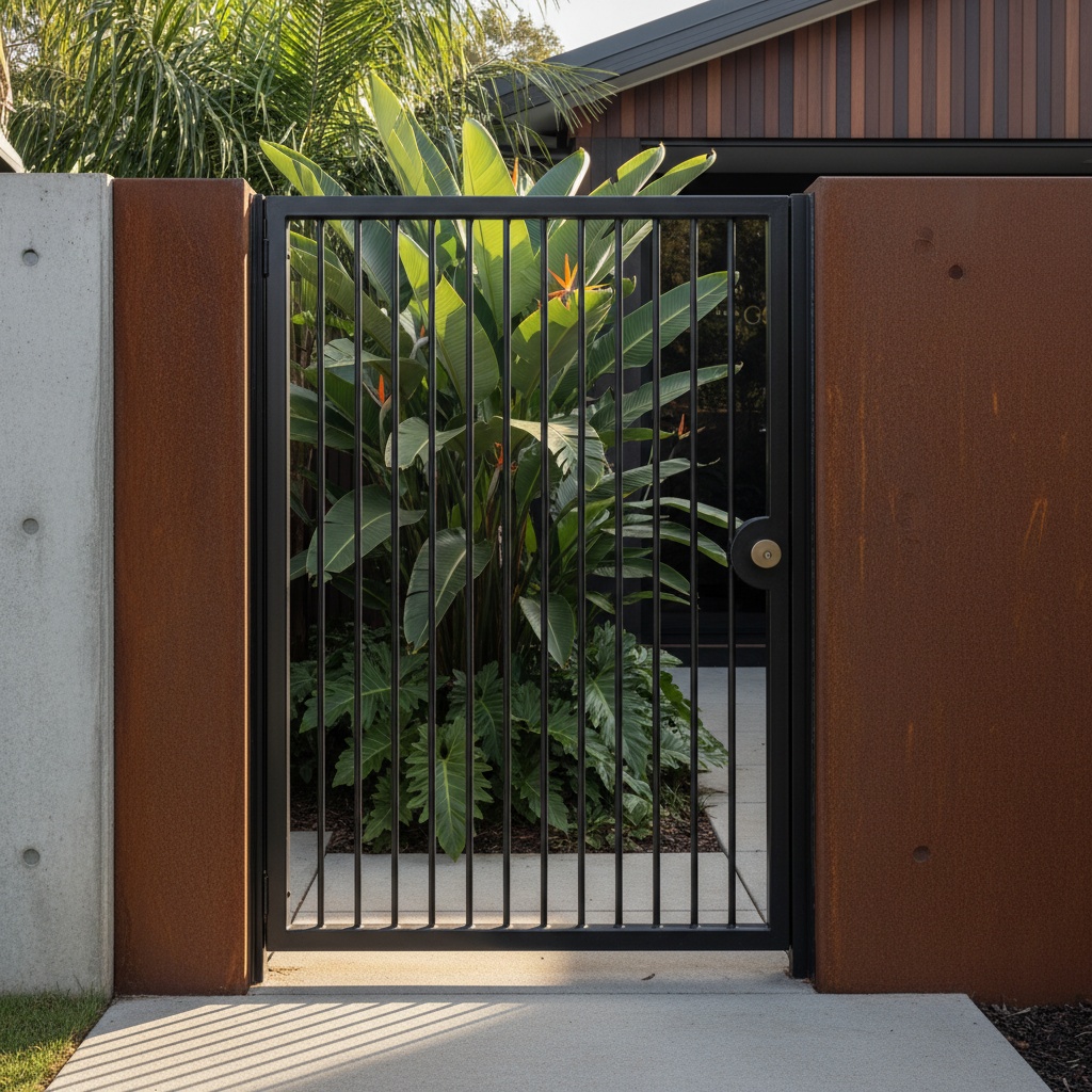 A finished blackened steel entry gate with fine vertical bars at a modern house